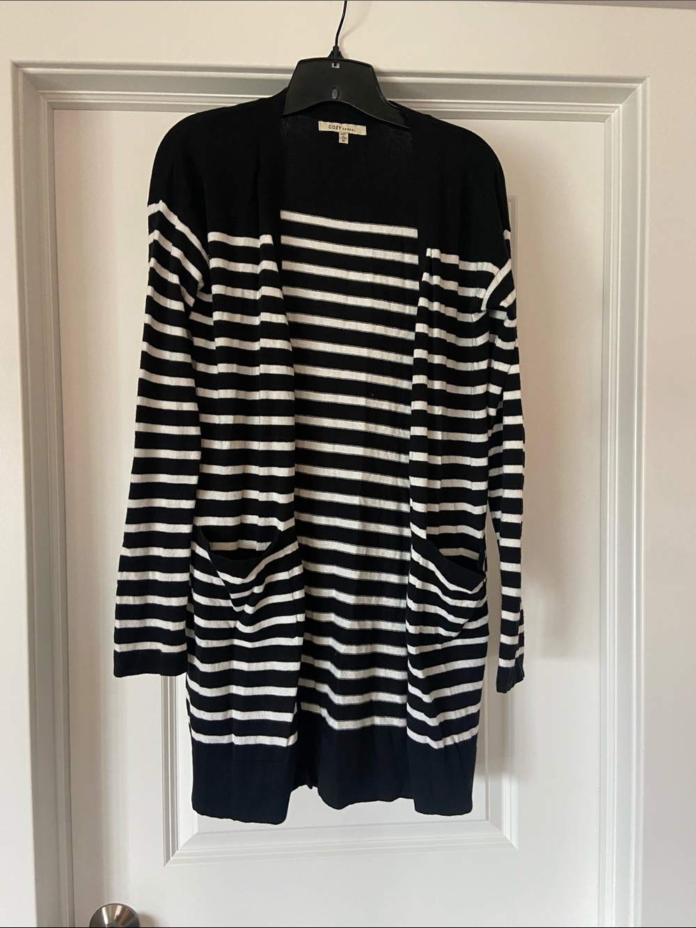 Cozy Casual Black & White Striped Open Cardigan